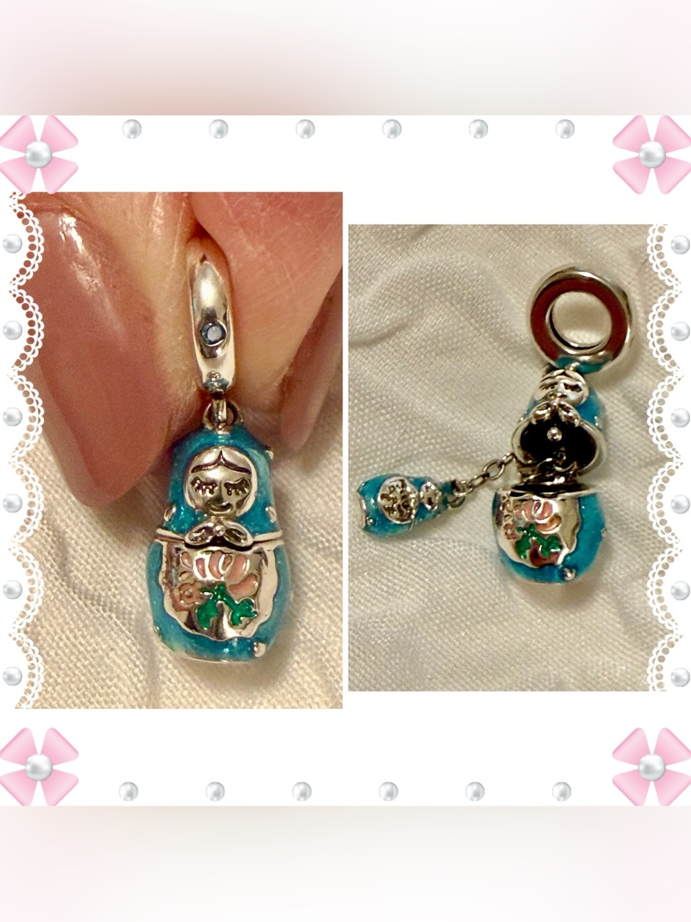 Charm / pendant - 1"h russian nesting doll charm - blue silver. New! No flaws